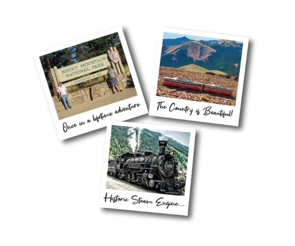Scenes in Colorado, steam engines, mountains, national parks