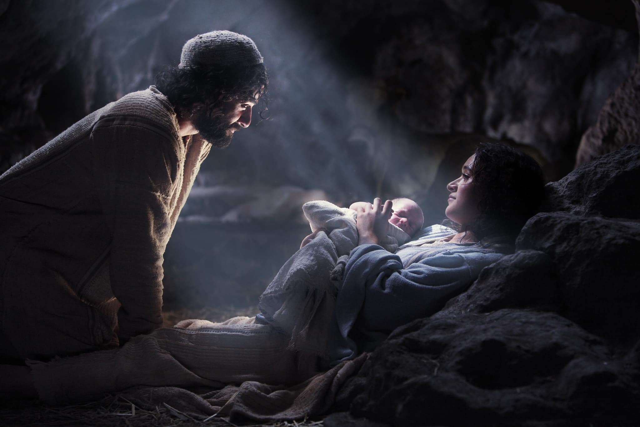 Mary and Joseph with baby Jesus scene from a play